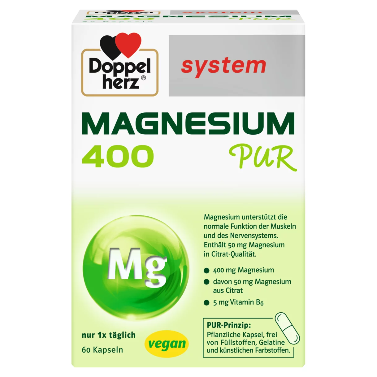 Abbildung der Produktverpackung Doppelherz system MAGNESIUM 400 PUR Frontansicht